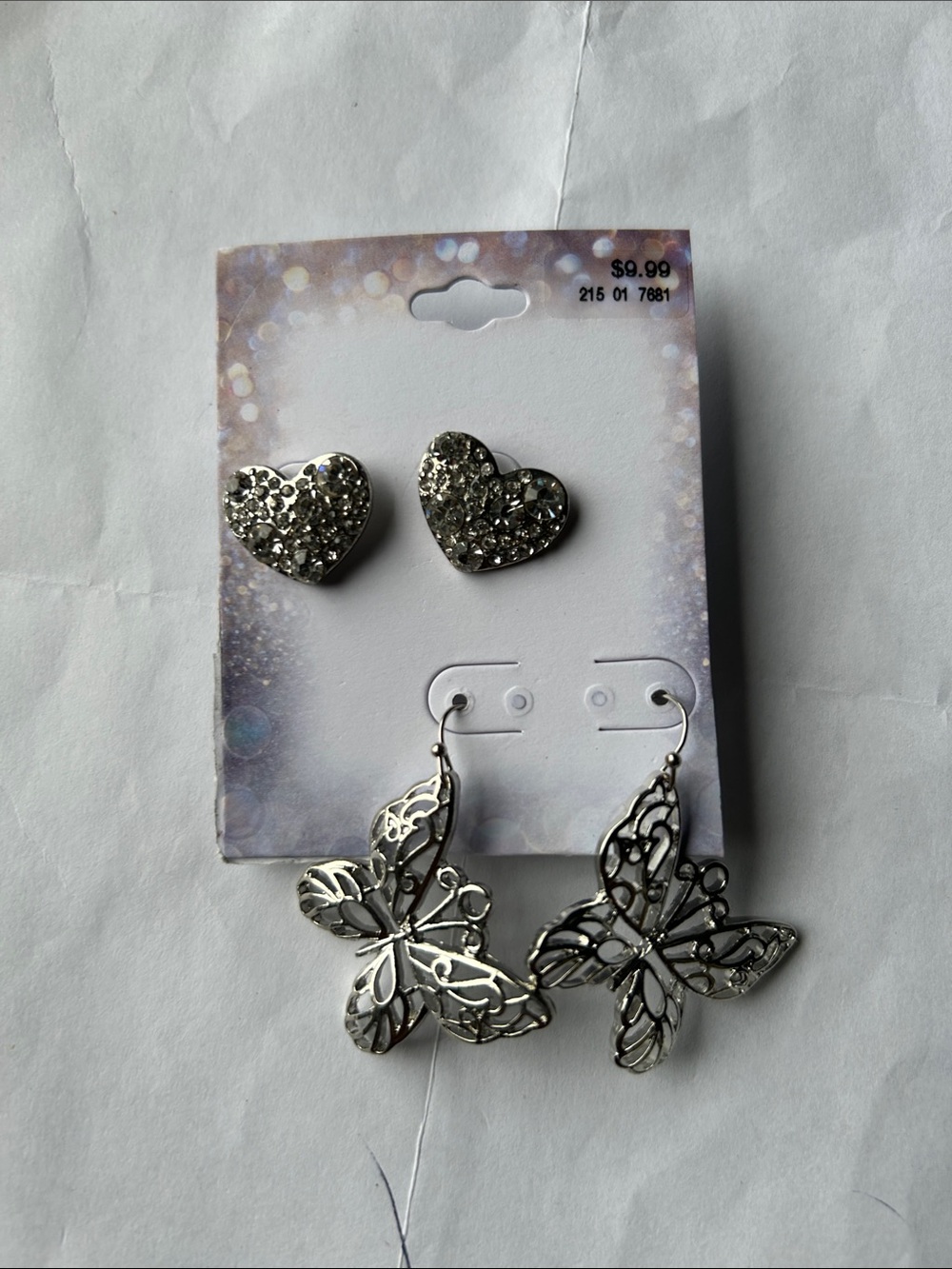 Silver Heart Stud & Butterfly Drop Earring Set